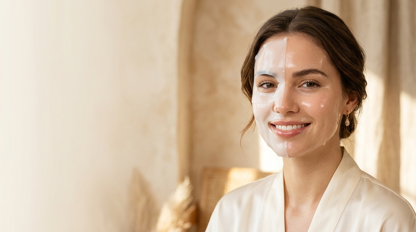 Biodance Bio-Collagen Real Deep Mask transformation from white to transparent on glowing skin